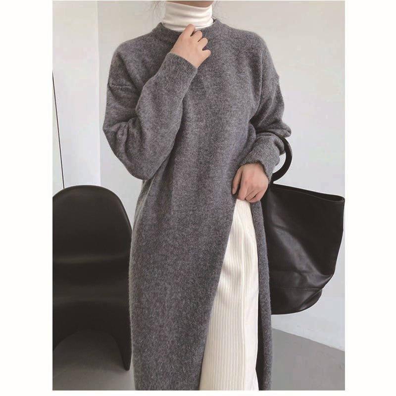 Autumn And Winter Loose Side Slit Long Knitted Sweater Dress