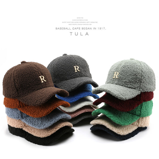 Letter R Solid Color Lamb Wool Baseball Cap Outdoor Sun Protection