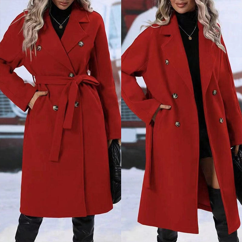 Women's Solid Color Polo Collar Thickened Lace-up Double-breasted Trench Coat