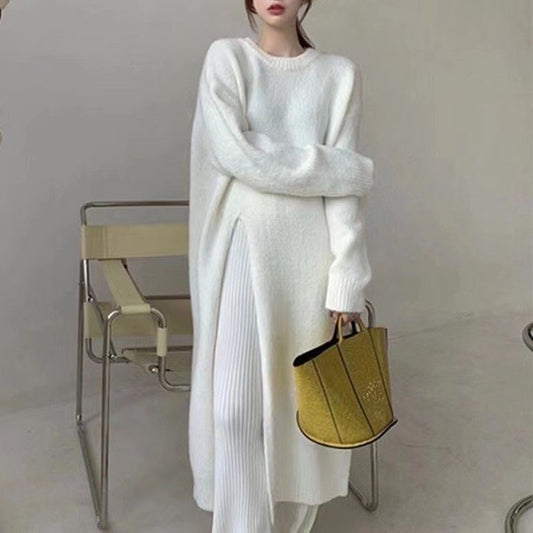 Autumn And Winter Loose Side Slit Long Knitted Sweater Dress